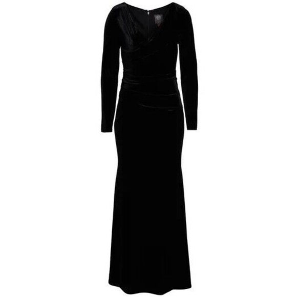 VINCE CAMUTO Plus 22W Black Velvet VNeck Wrap Ruched Bodice‎ Long Sleeve Gown - Picture 1 of 14